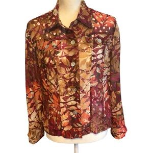 Ruby Rd. Top Womens 14 Maroon Floral Button Up Jacket Semi Sheer Roll Tab Sleeve